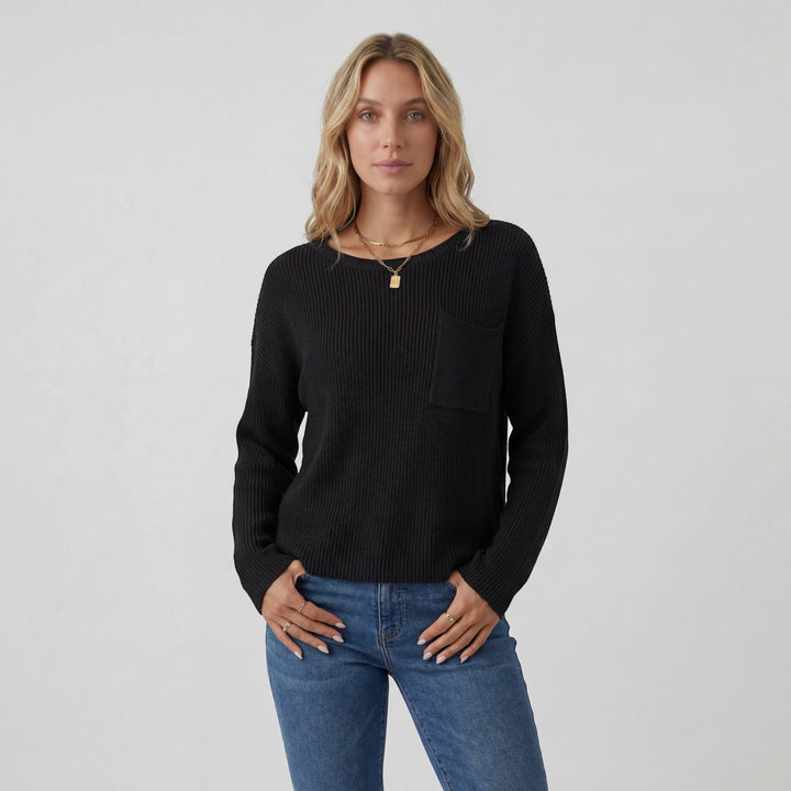 Damen Pullover mit Rundhalsausschnitt – Lässiger Schnitt mit Brusttasche | Gerippter Strick