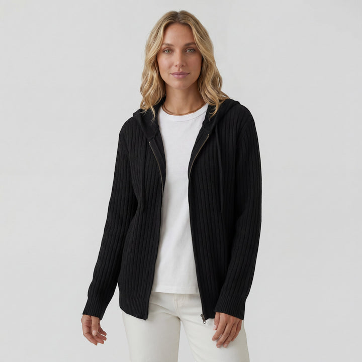 Damen Cardigan aus geripptem Strick – Reißverschluss mit Kapuze, weiter lässiger Schnitt