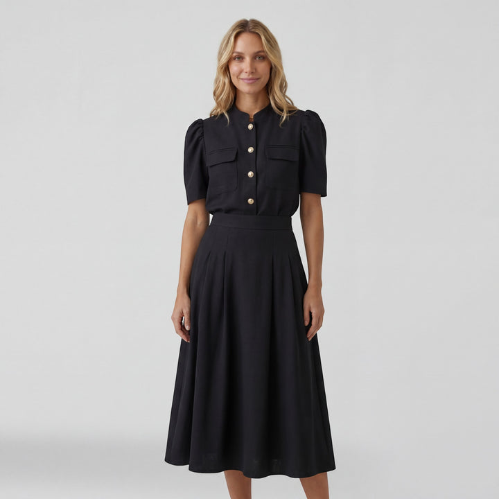 Damen Blusen- und Midirock-Set aus gewebtem Stoff – Definierte Taille
