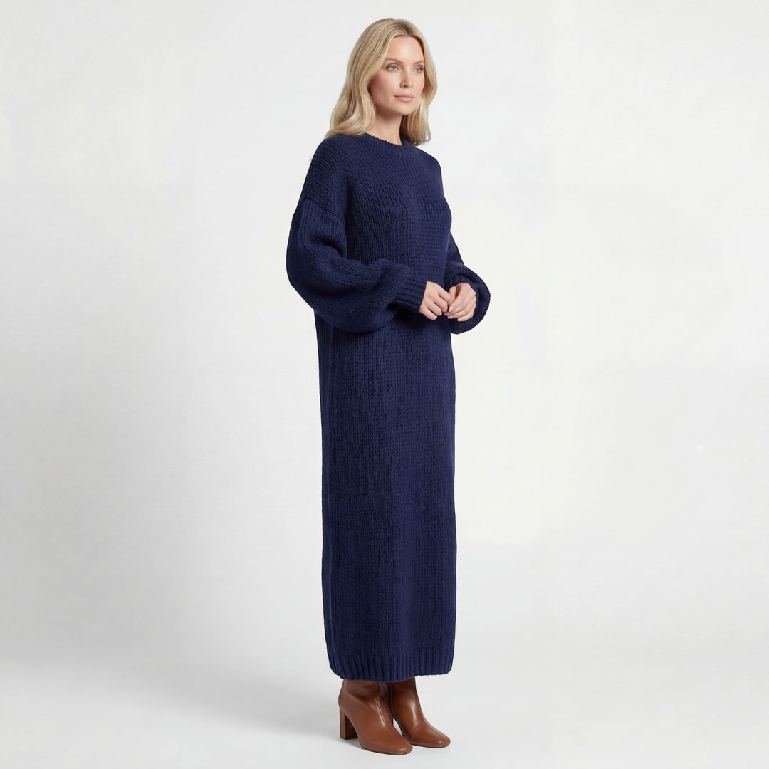 Pulloverkleid Damen Rundhalsausschnitt – Weite Passform Laternenärmel | Wollmischstrickware