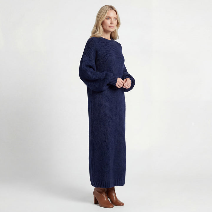 Pulloverkleid Damen Rundhalsausschnitt – Weite Passform Laternenärmel | Wollmischstrickware