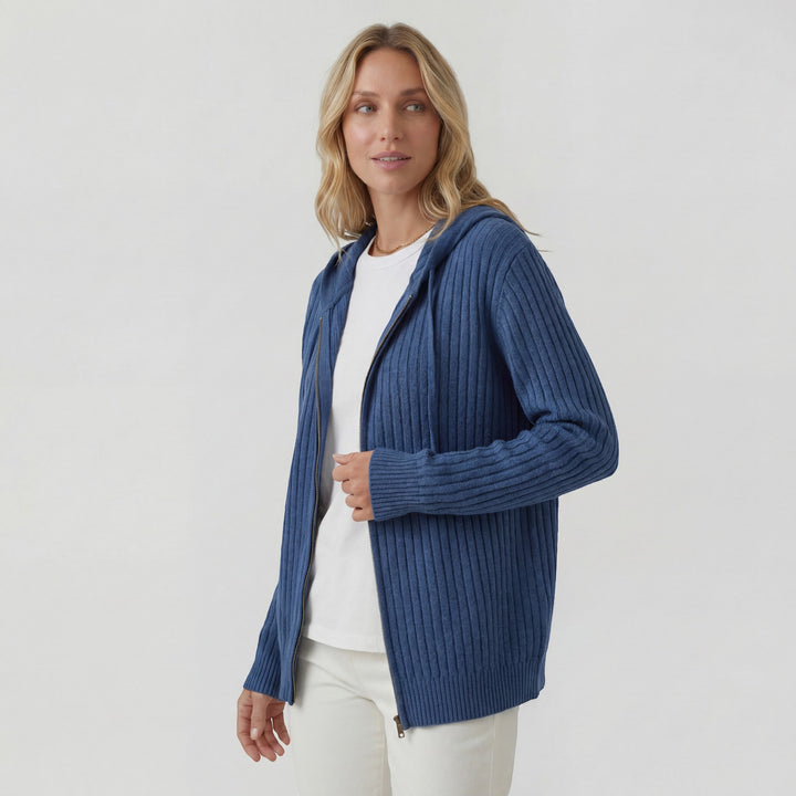 Damen Cardigan aus geripptem Strick – Reißverschluss mit Kapuze, weiter lässiger Schnitt