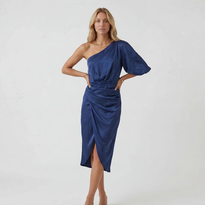 Asymmetrisches Abendkleid für Damen mit einer Schulter – Slim Fit Midi mit Schlitz | Baumwollmischung