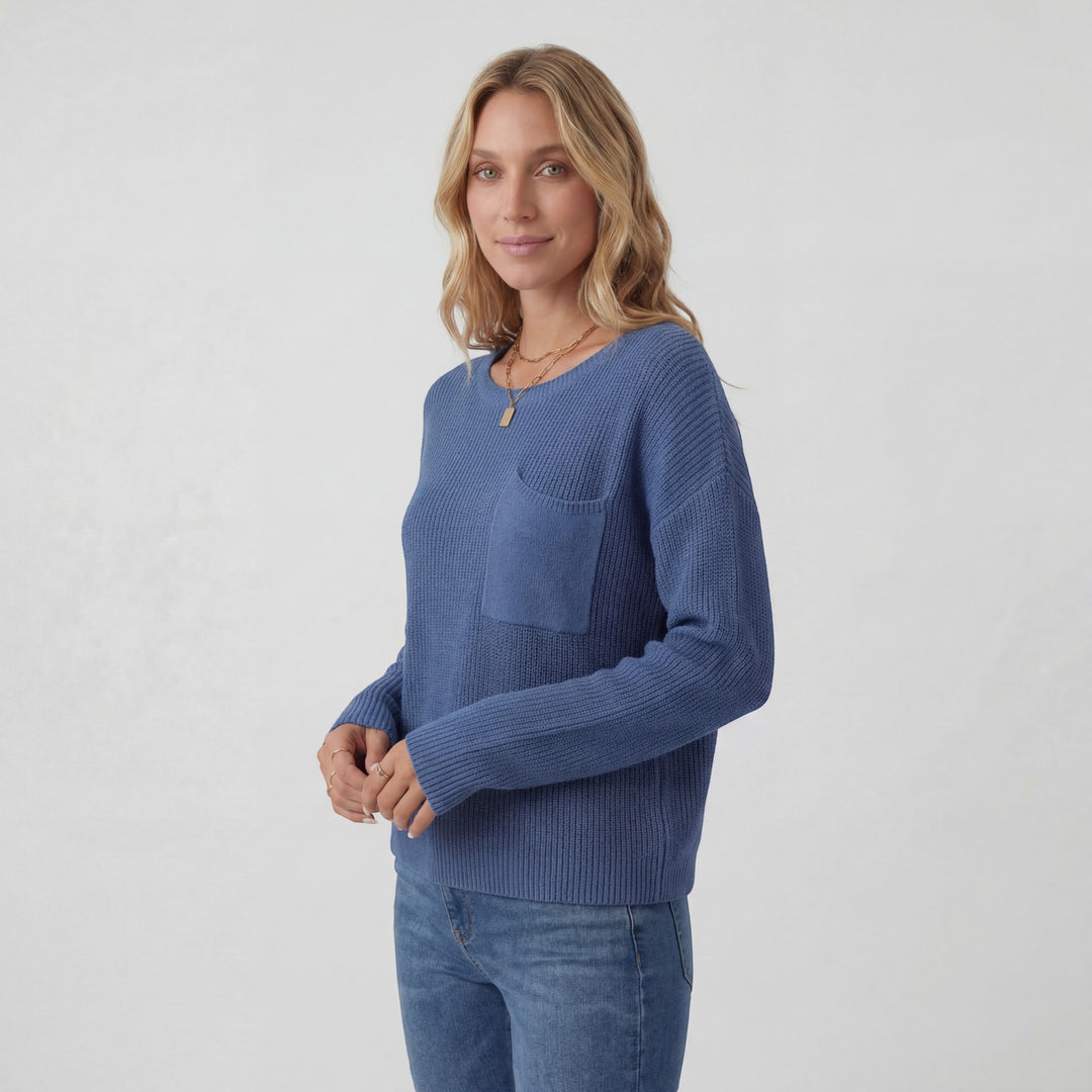Damen Pullover mit Rundhalsausschnitt – Lässiger Schnitt mit Brusttasche | Gerippter Strick