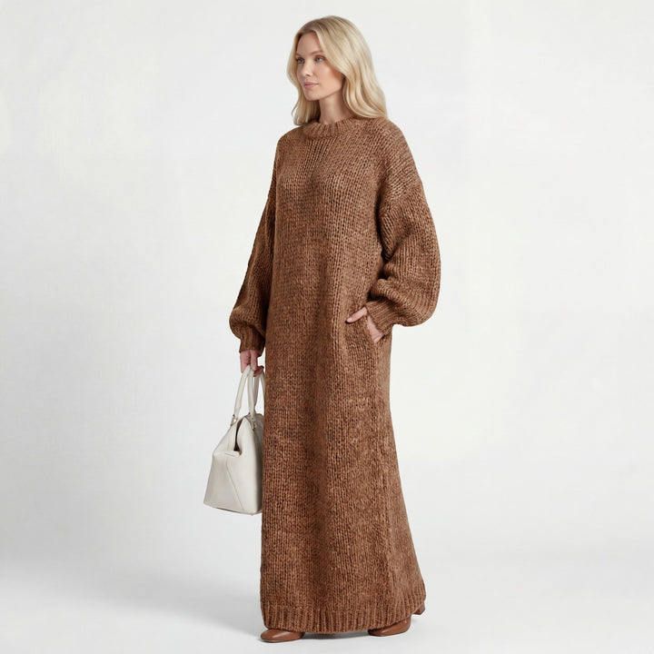 Pulloverkleid Damen Rundhalsausschnitt – Weite Passform Laternenärmel | Wollmischstrickware