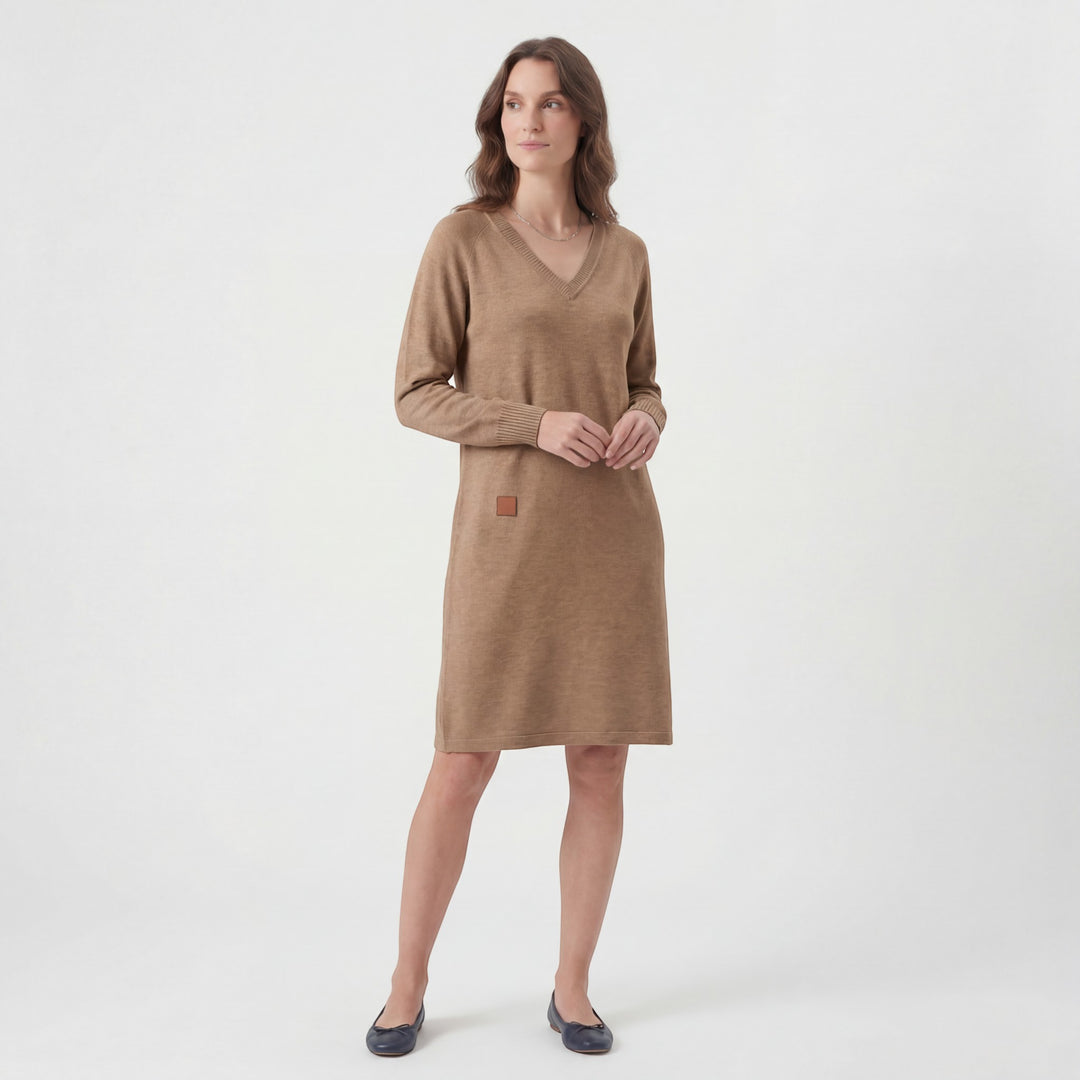 Midikleid Damen V-Ausschnitt Lange Ärmel – Gerade Legere Passform | Weiche Strickware