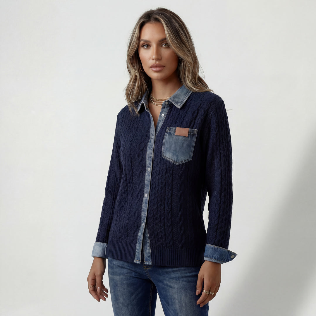 Patchwork Jeans Strickhemd für Damen – Knopfleiste, Lässiger Schnitt