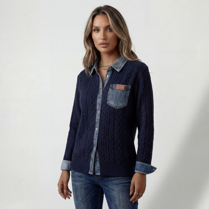 Patchwork Jeans Strickhemd für Damen – Knopfleiste, Lässiger Schnitt
