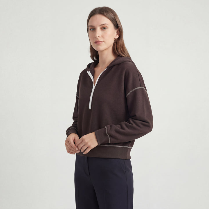 Kurzer Kapuzenpullover aus Mischbaumwolle für Damen – Halb-Reißverschluss, Weiter Schnitt
