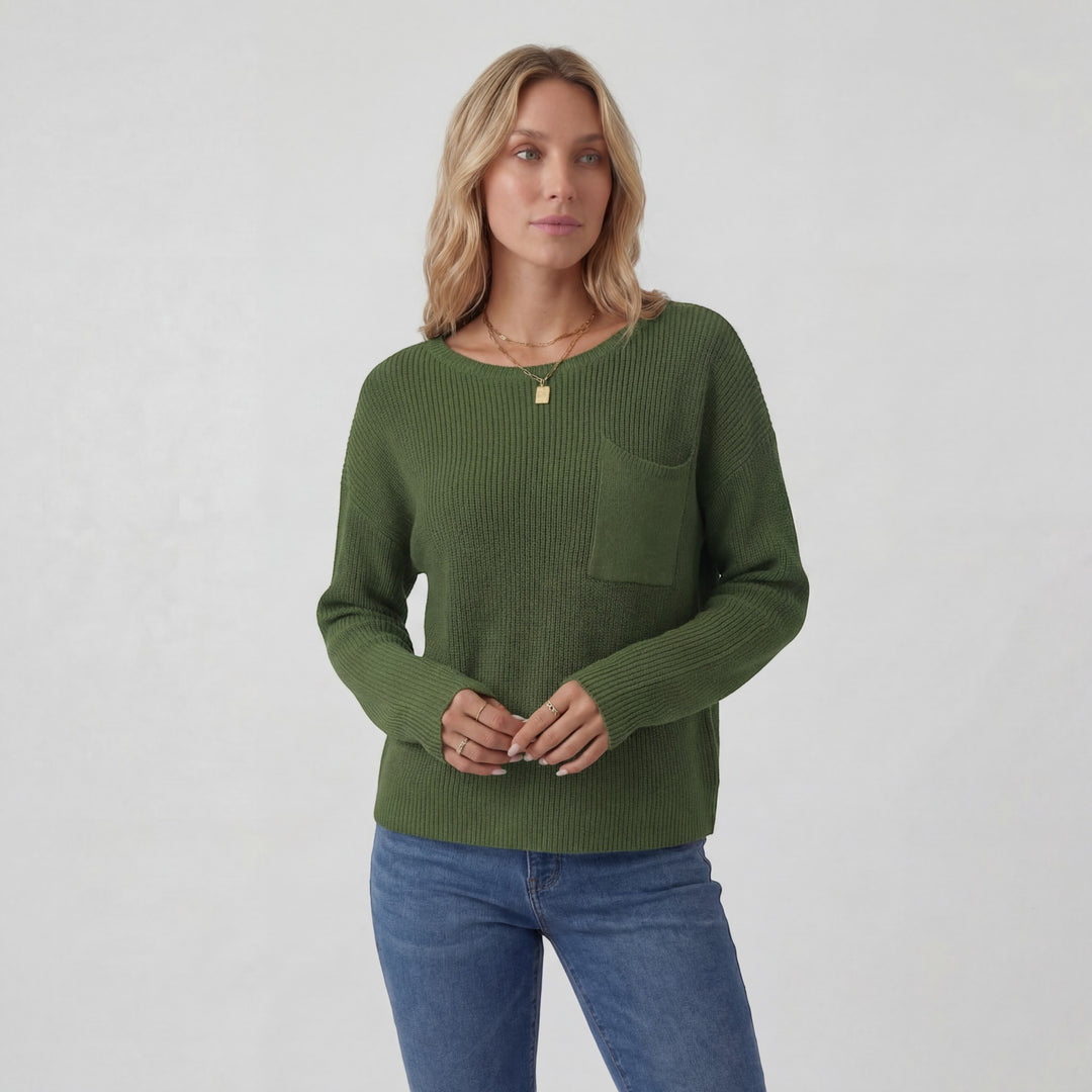 Damen Pullover mit Rundhalsausschnitt – Lässiger Schnitt mit Brusttasche | Gerippter Strick