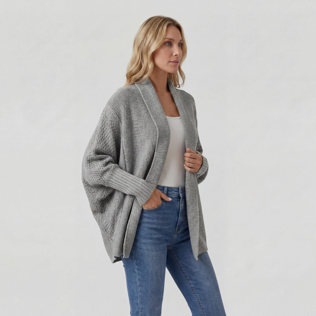 Damen Cardigan aus gemischtem Acrylstrick – Fledermausärmel, weiter offener Schnitt