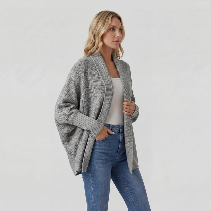 Damen Cardigan aus gemischtem Acrylstrick – Fledermausärmel, weiter offener Schnitt