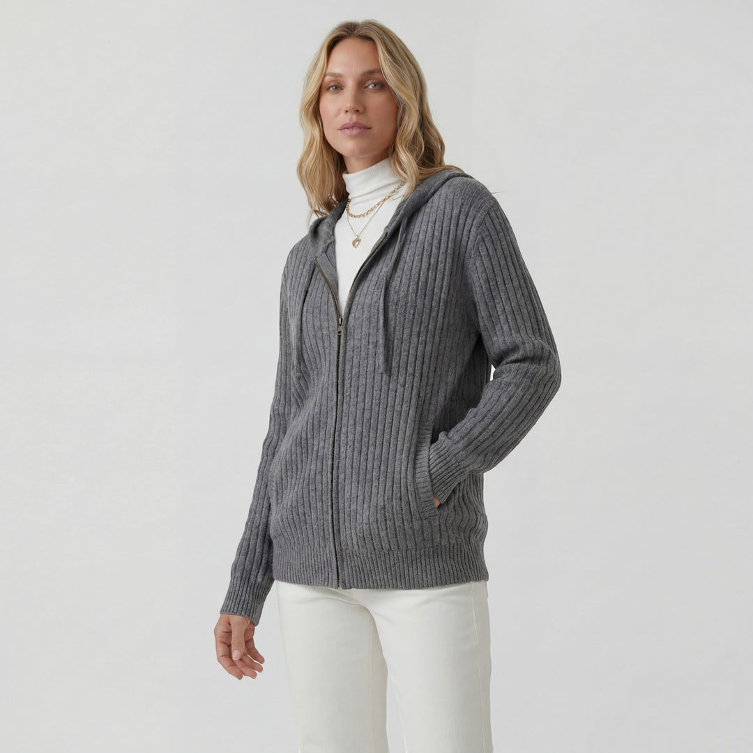 Damen Cardigan aus geripptem Strick – Reißverschluss mit Kapuze, weiter lässiger Schnitt
