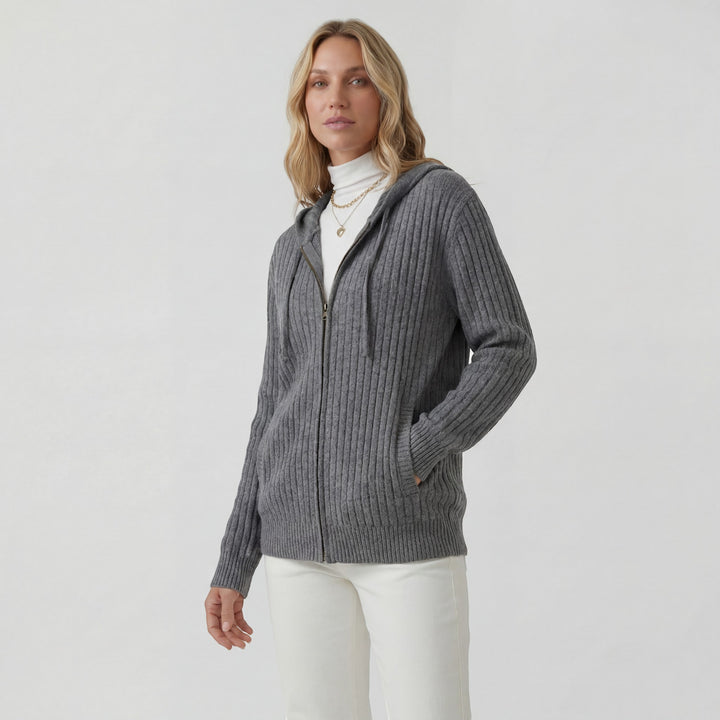 Damen Cardigan aus geripptem Strick – Reißverschluss mit Kapuze, weiter lässiger Schnitt