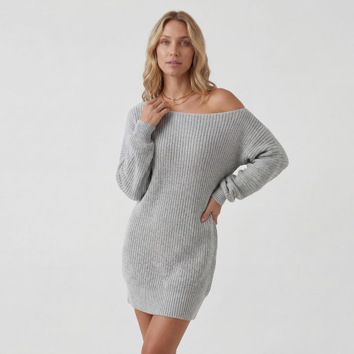 Damen Strickkleid mit Struktur – Mini-Kleid mit schulterfreiem Schnitt