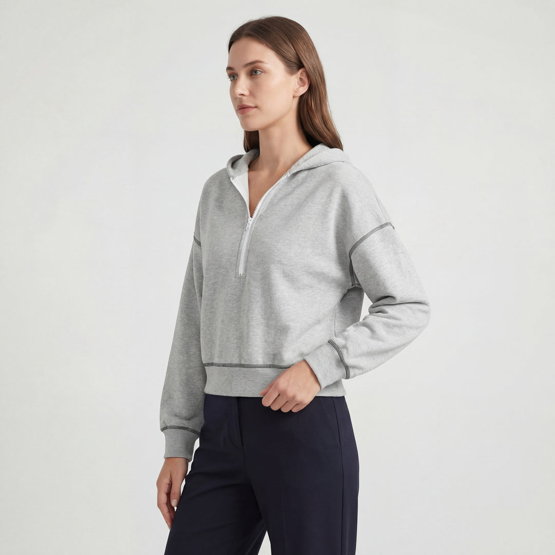 Kurzer Kapuzenpullover aus Mischbaumwolle für Damen – Halb-Reißverschluss, Weiter Schnitt
