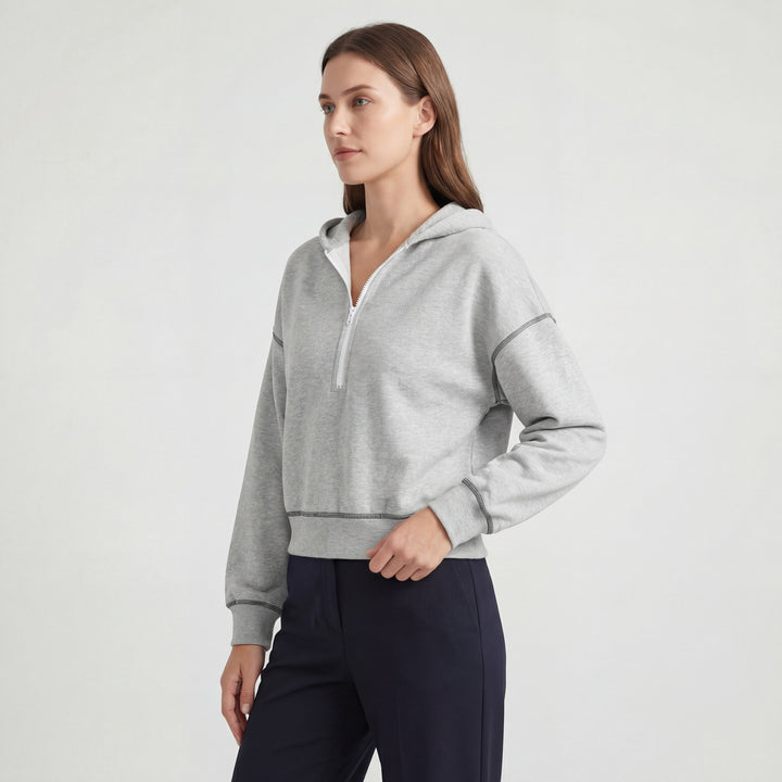 Kurzer Kapuzenpullover aus Mischbaumwolle für Damen – Halb-Reißverschluss, Weiter Schnitt