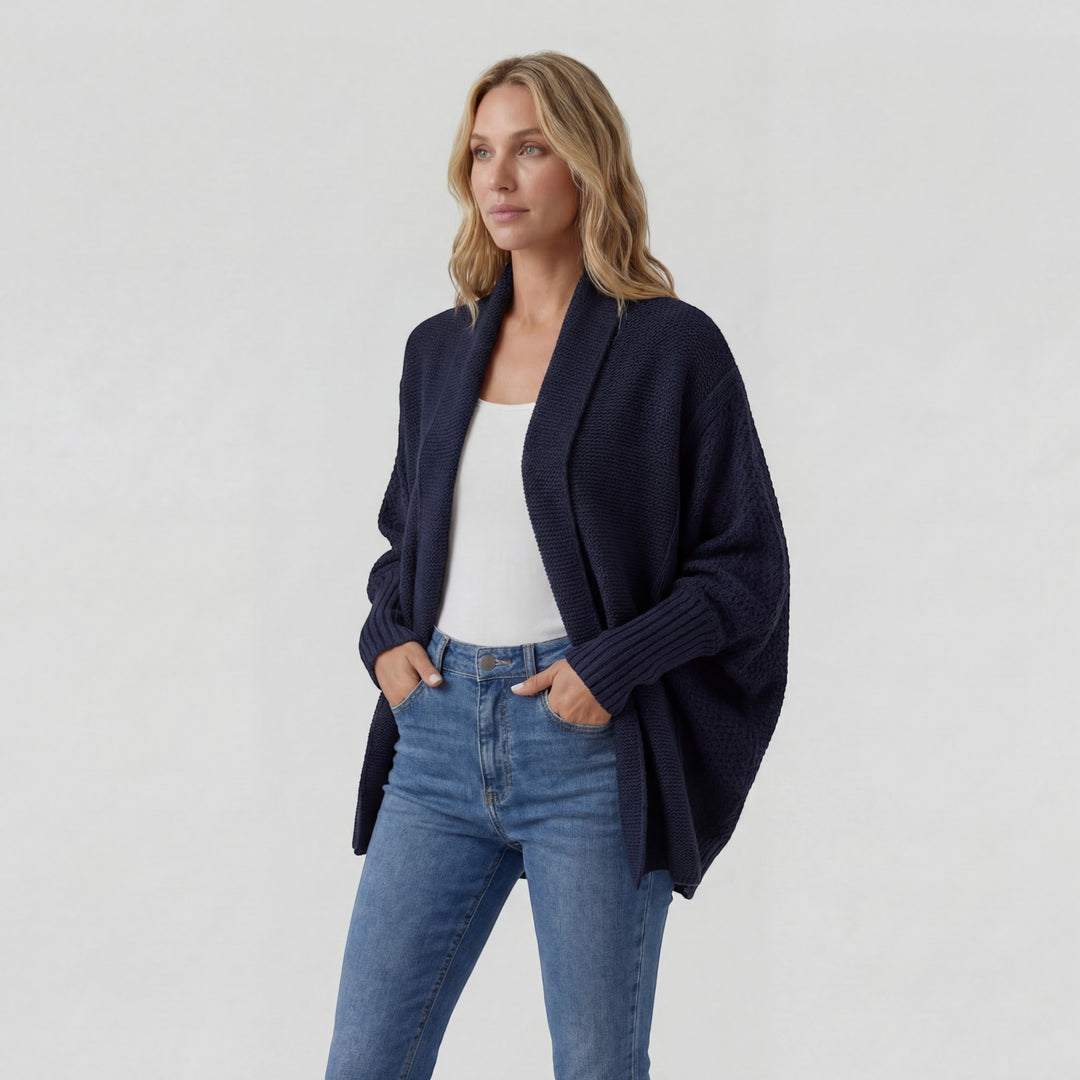 Damen Cardigan aus gemischtem Acrylstrick – Fledermausärmel, weiter offener Schnitt