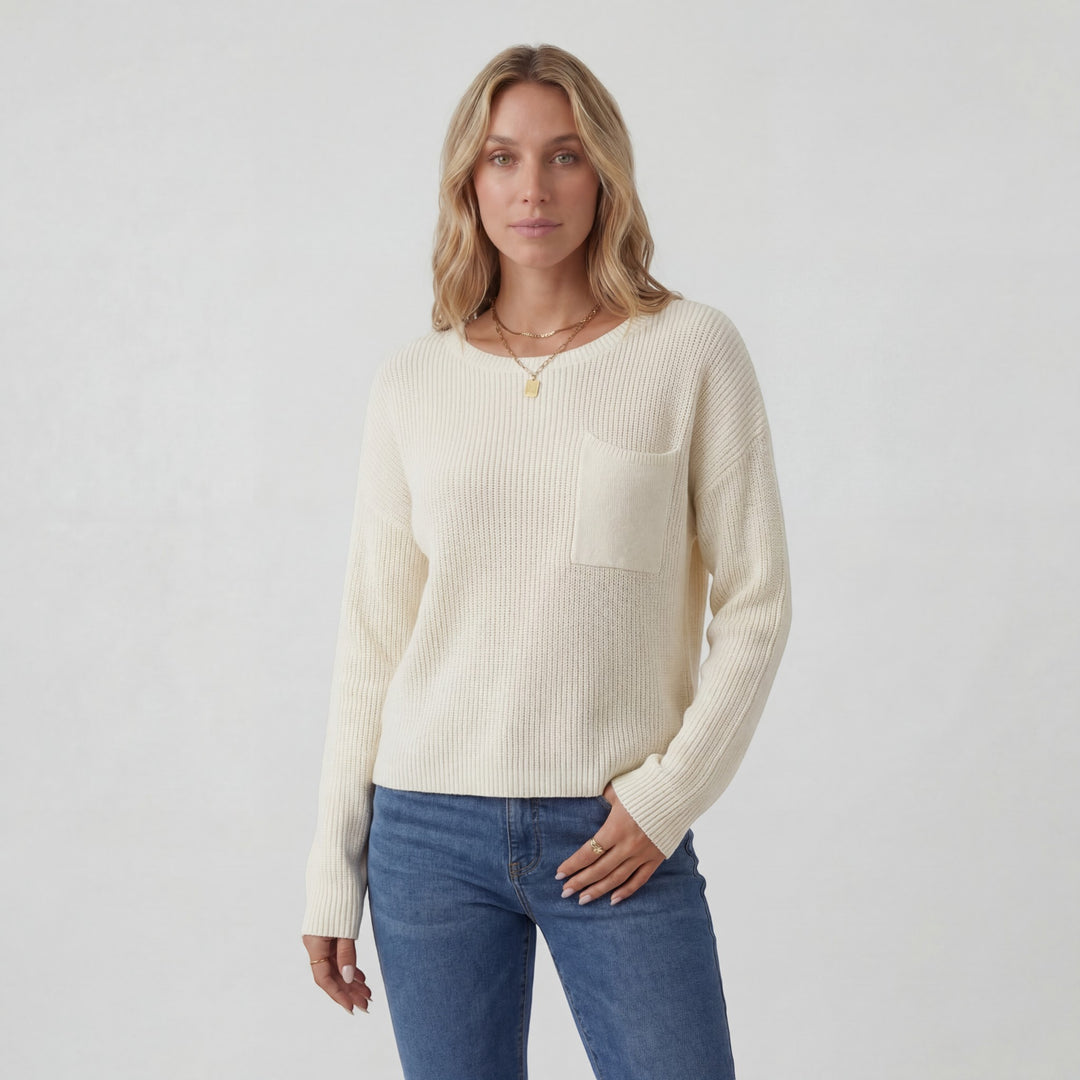 Damen Pullover mit Rundhalsausschnitt – Lässiger Schnitt mit Brusttasche | Gerippter Strick