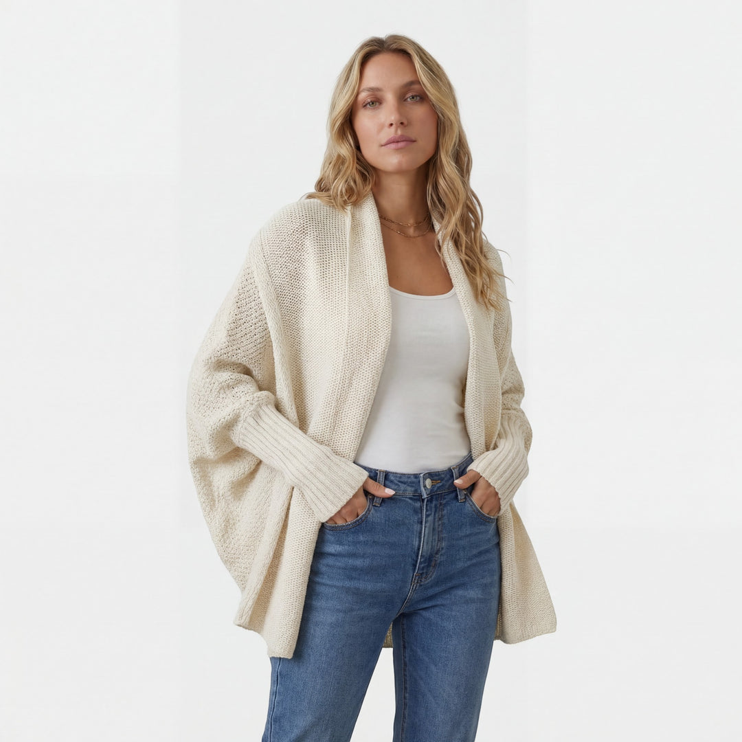 Damen Cardigan aus gemischtem Acrylstrick – Fledermausärmel, weiter offener Schnitt