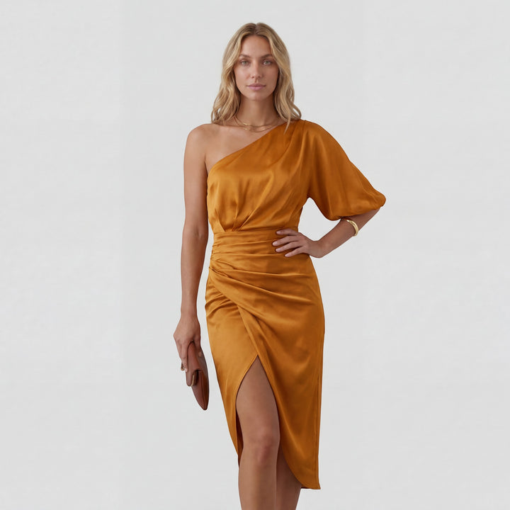 Asymmetrisches Abendkleid für Damen mit einer Schulter – Slim Fit Midi mit Schlitz | Baumwollmischung