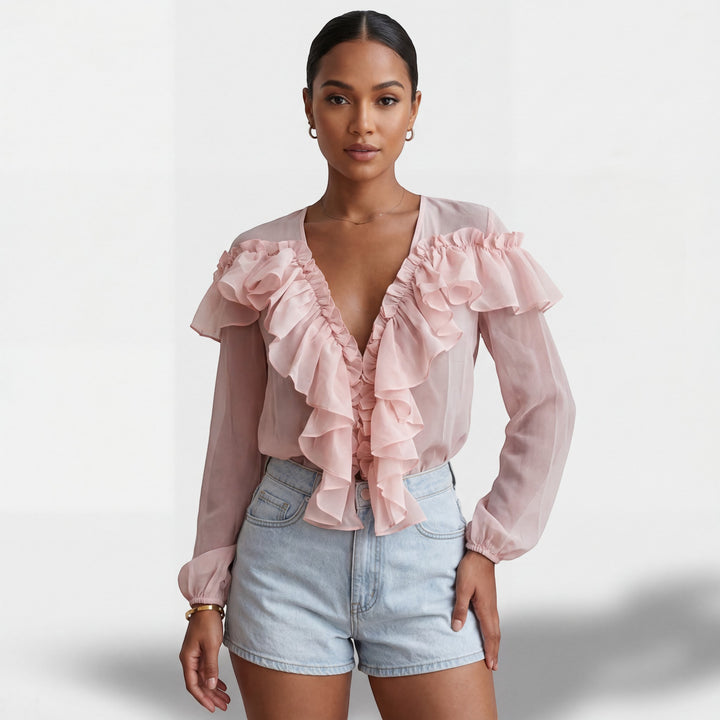 Damen Bluse mit V-Ausschnitt und Volants – Lange Ärmel, weiter Schnitt | Leichte Chiffon