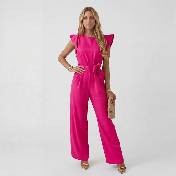 Damen Jumpsuit mit weitem Bein – Hohe Taille mit Bindegürtel | Fließend Drapierter gewebter Stoff