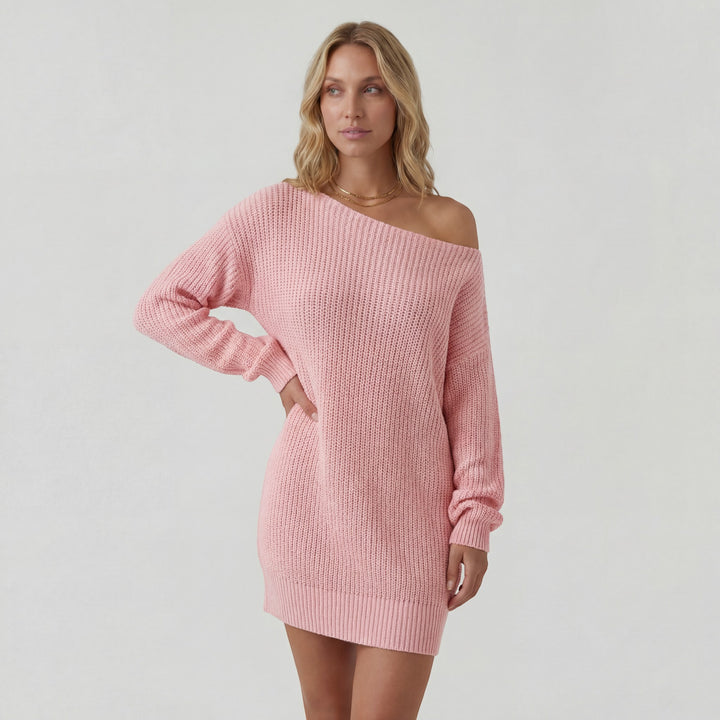 Damen Strickkleid mit Struktur – Mini-Kleid mit schulterfreiem Schnitt