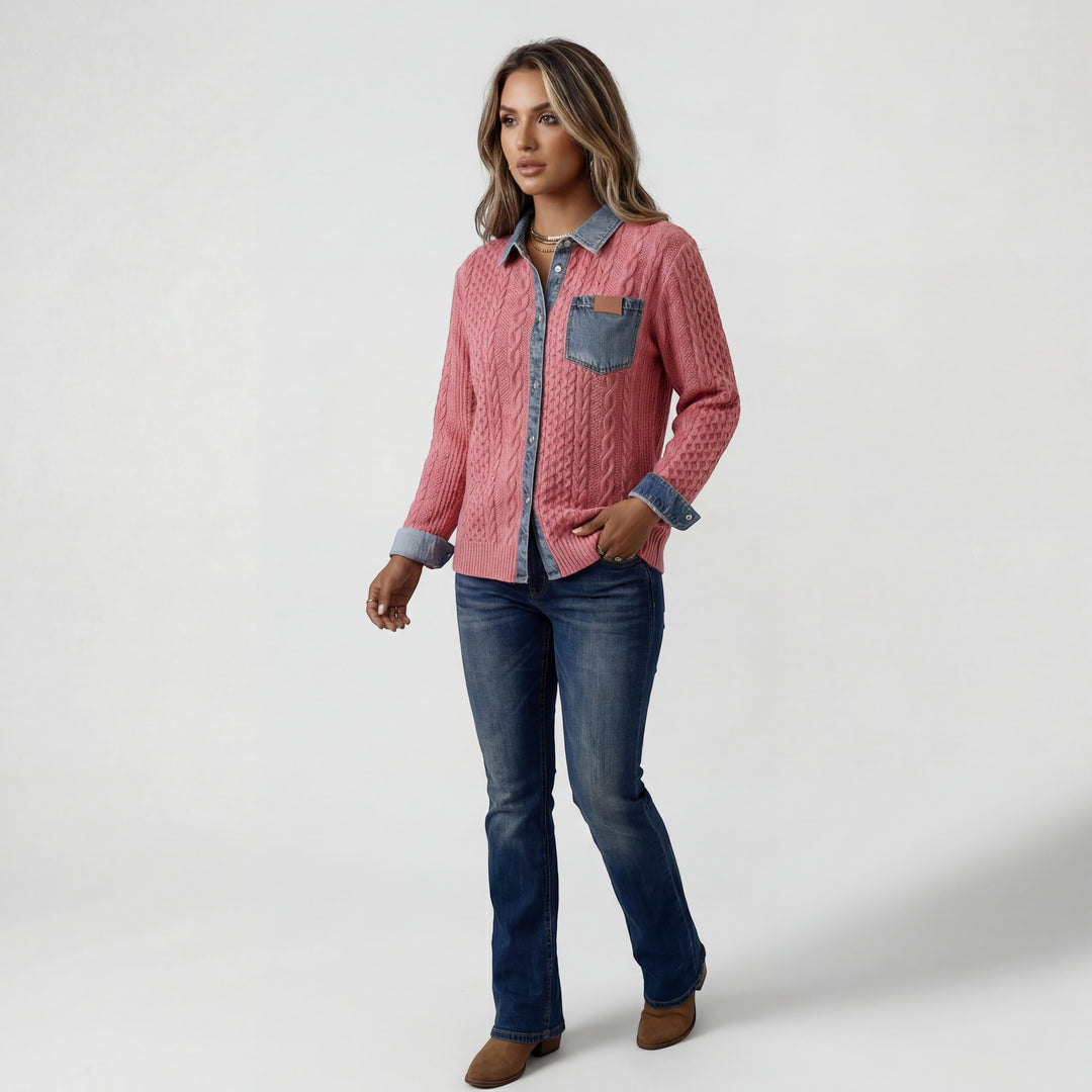 Patchwork Jeans Strickhemd für Damen – Knopfleiste, Lässiger Schnitt