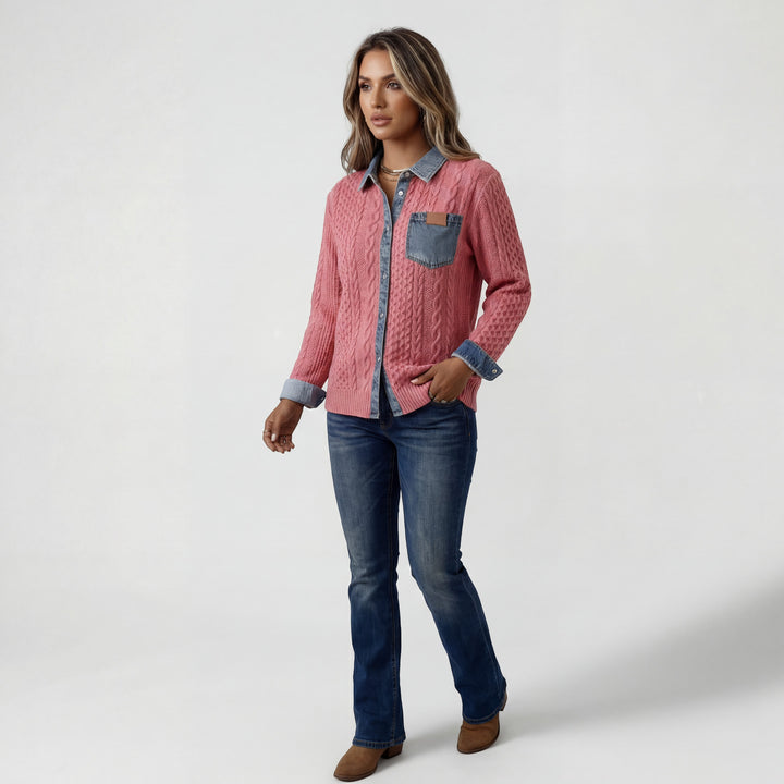 Patchwork Jeans Strickhemd für Damen – Knopfleiste, Lässiger Schnitt