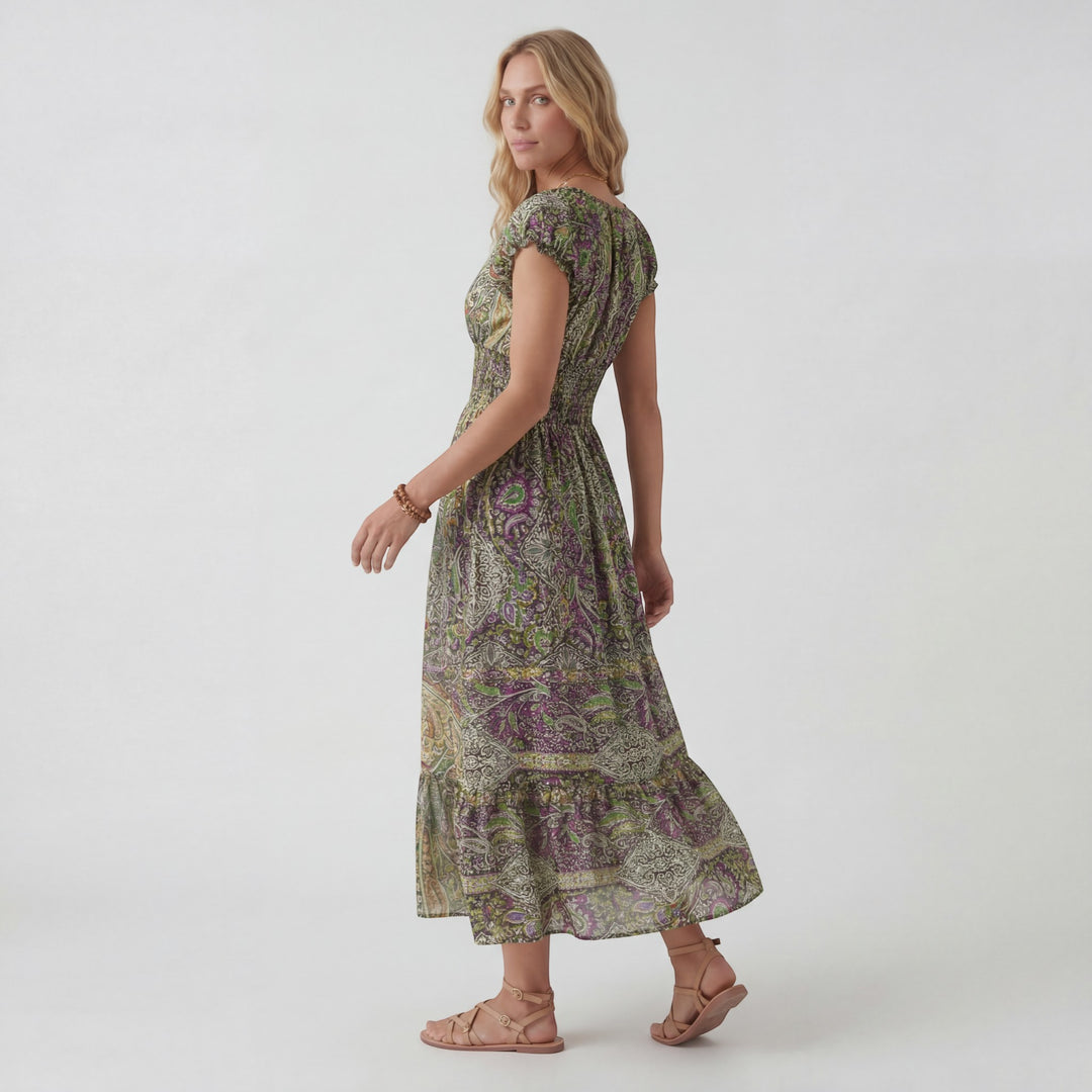 Boho Maxikleid mit V-Ausschnitt für Damen – Lässiger Schnitt mit fließendem Rock | Leichter gewebter Stoff