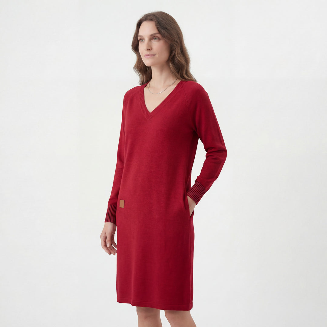 Midikleid Damen V-Ausschnitt Lange Ärmel – Gerade Legere Passform | Weiche Strickware