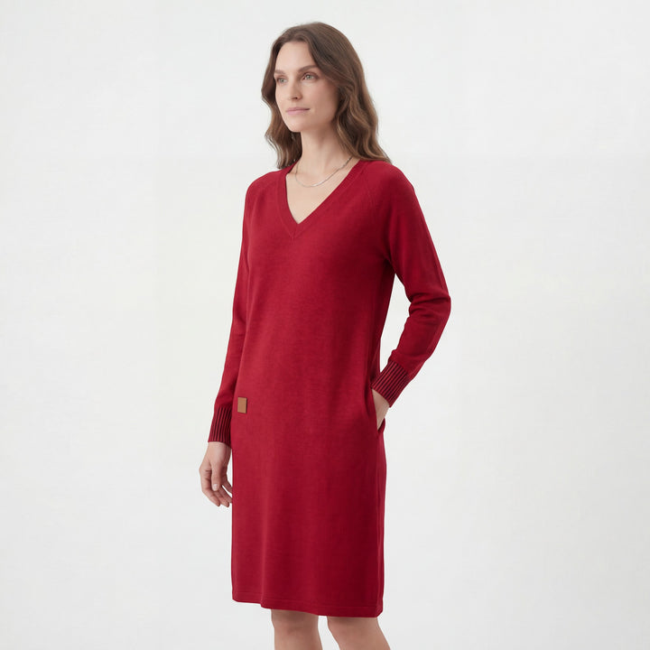 Midikleid Damen V-Ausschnitt Lange Ärmel – Gerade Legere Passform | Weiche Strickware