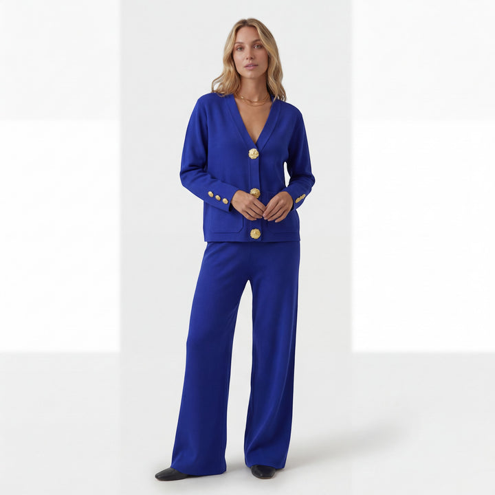 Damen Set aus Cardigan und Hose aus Acrylstrick – Lässiger Schnitt mit Knöpfen