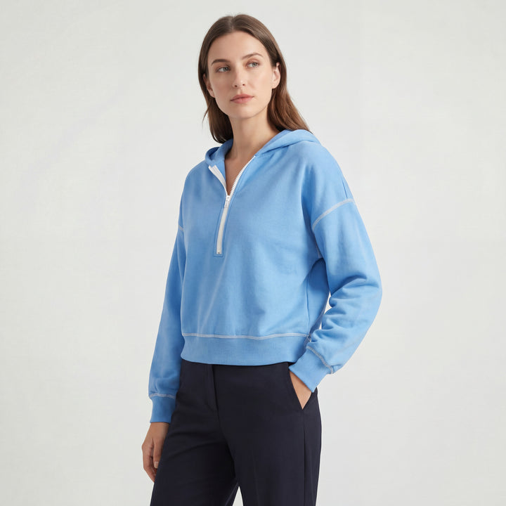 Kurzer Kapuzenpullover aus Mischbaumwolle für Damen – Halb-Reißverschluss, Weiter Schnitt
