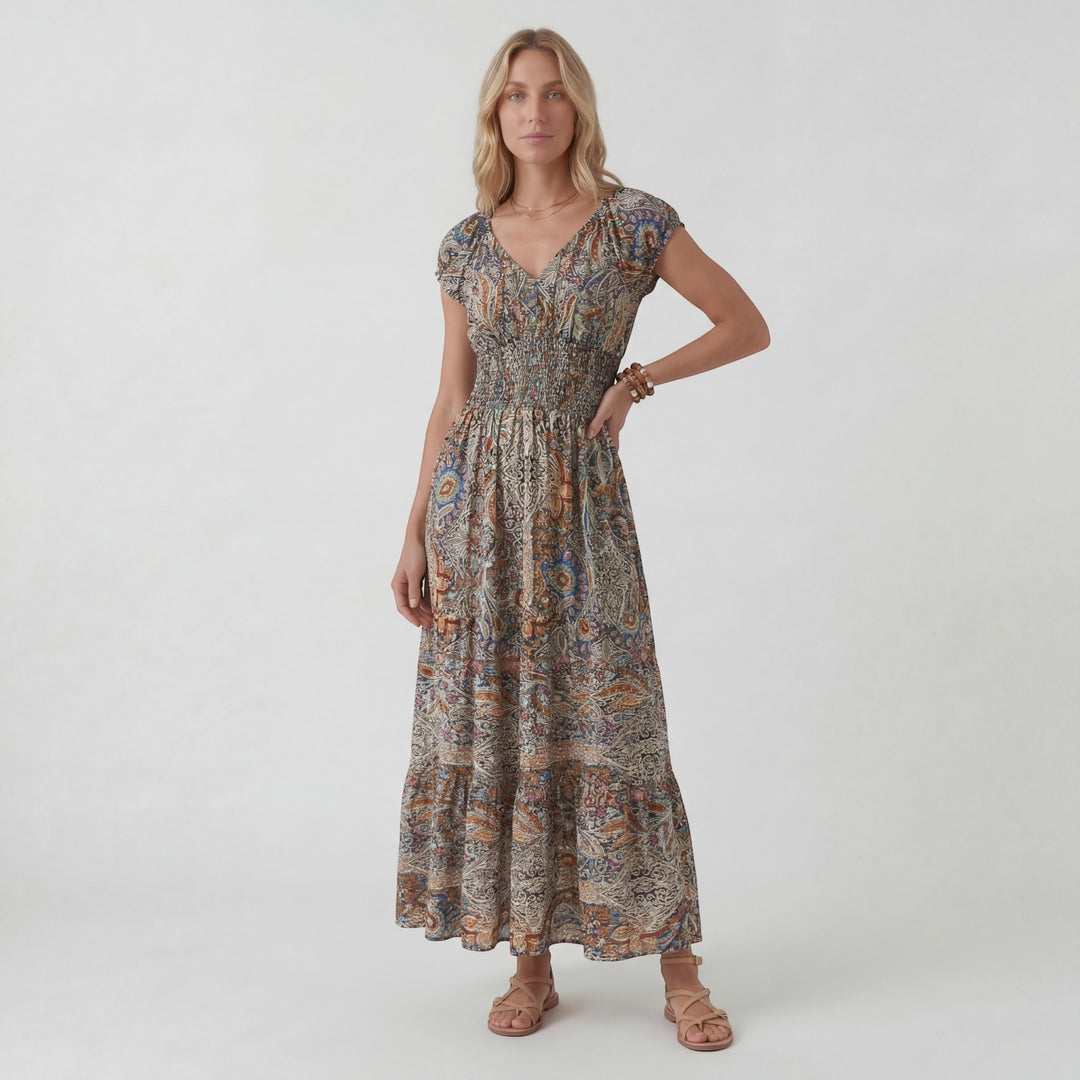 Boho Maxikleid mit V-Ausschnitt für Damen – Lässiger Schnitt mit fließendem Rock | Leichter gewebter Stoff