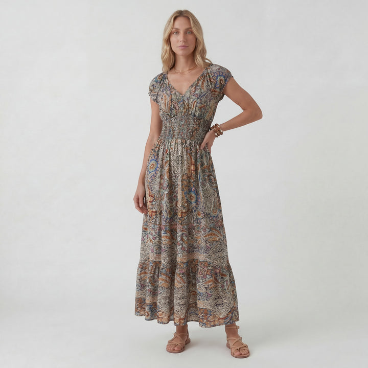 Boho Maxikleid mit V-Ausschnitt für Damen – Lässiger Schnitt mit fließendem Rock | Leichter gewebter Stoff