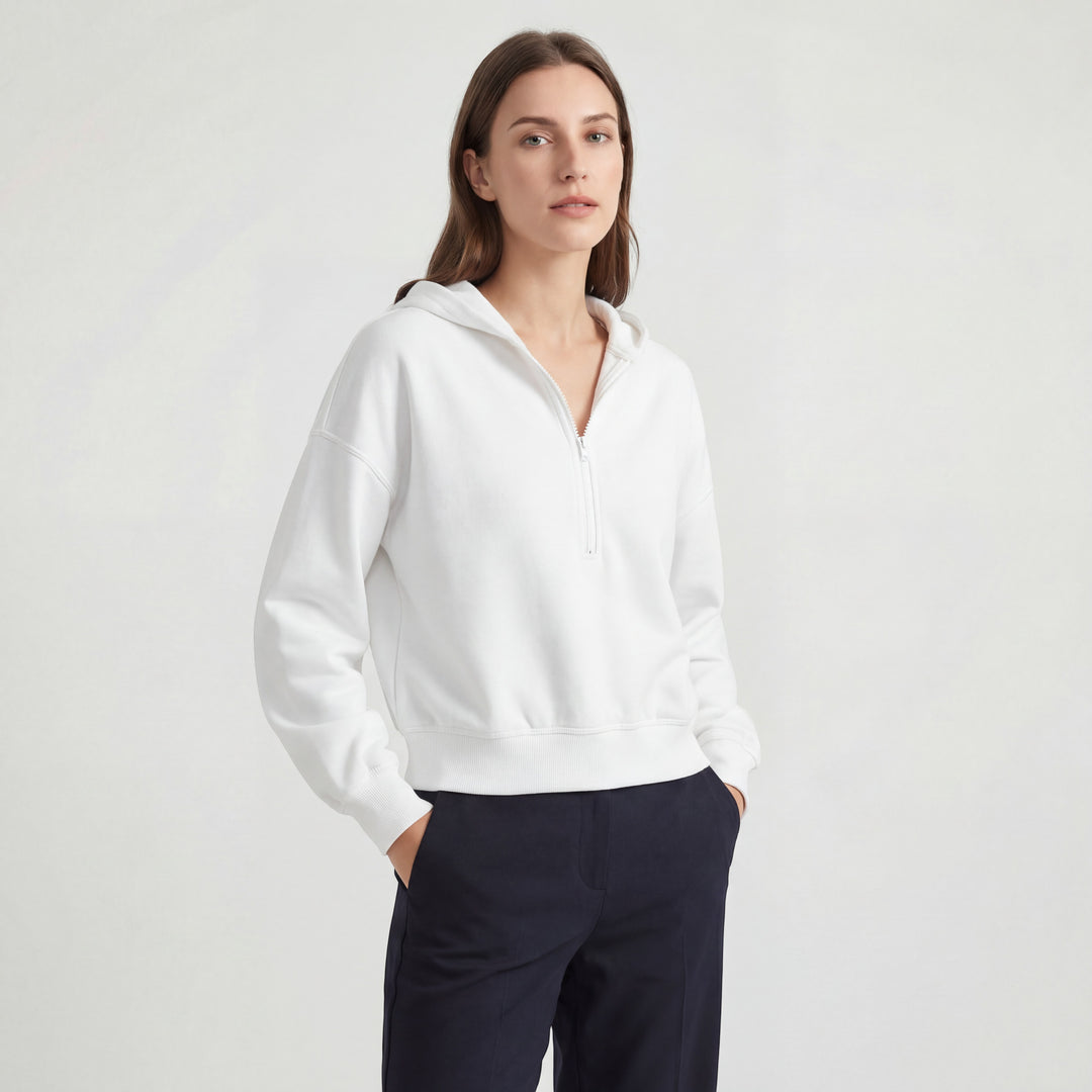 Kurzer Kapuzenpullover aus Mischbaumwolle für Damen – Halb-Reißverschluss, Weiter Schnitt