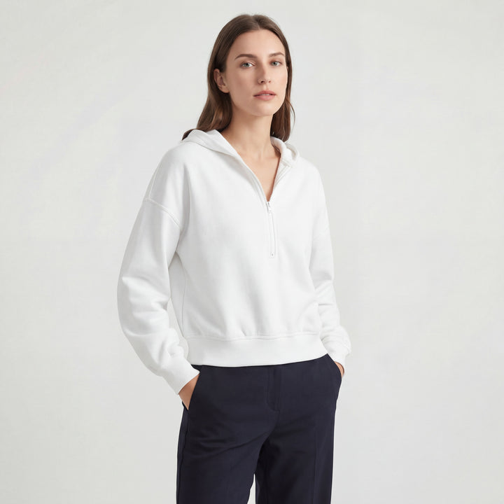 Kurzer Kapuzenpullover aus Mischbaumwolle für Damen – Halb-Reißverschluss, Weiter Schnitt
