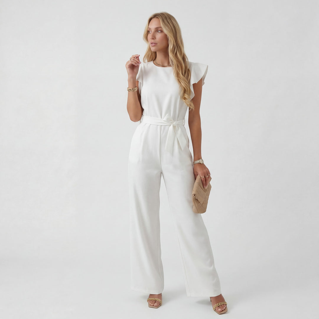 Damen Jumpsuit mit weitem Bein – Hohe Taille mit Bindegürtel | Fließend Drapierter gewebter Stoff