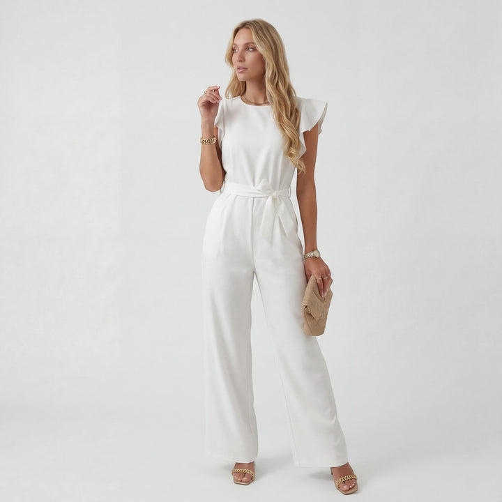 Damen Jumpsuit mit weitem Bein – Hohe Taille mit Bindegürtel | Fließend Drapierter gewebter Stoff