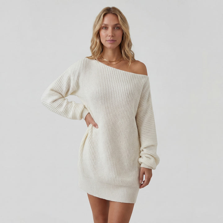 Damen Strickkleid mit Struktur – Mini-Kleid mit schulterfreiem Schnitt