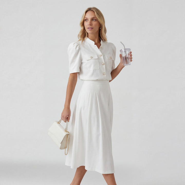 Damen Blusen- und Midirock-Set aus gewebtem Stoff – Definierte Taille