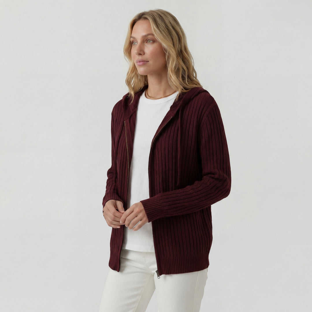 Damen Cardigan aus geripptem Strick – Reißverschluss mit Kapuze, weiter lässiger Schnitt