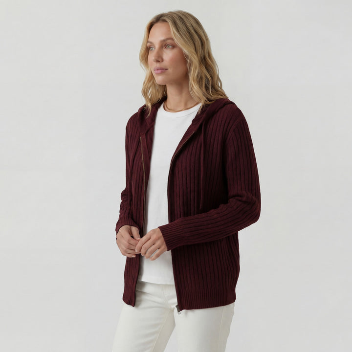 Damen Cardigan aus geripptem Strick – Reißverschluss mit Kapuze, weiter lässiger Schnitt