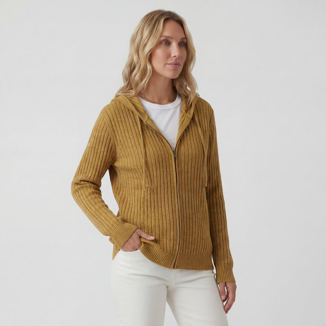Damen Cardigan aus geripptem Strick – Reißverschluss mit Kapuze, weiter lässiger Schnitt