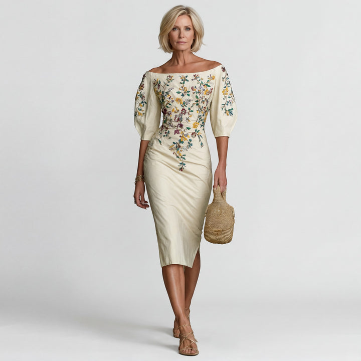 Damen Midikleid mit schulterfreiem Schnitt – Taillierter Schnitt | Baumwollmischung