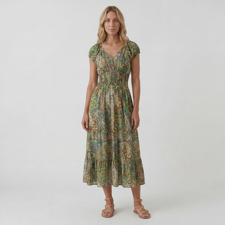 Boho Maxikleid mit V-Ausschnitt für Damen – Lässiger Schnitt mit fließendem Rock | Leichter gewebter Stoff