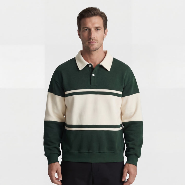 Herren Sweatshirt aus Baumwollmischung – Gestreiftes Muster Weite Passform Polokragen