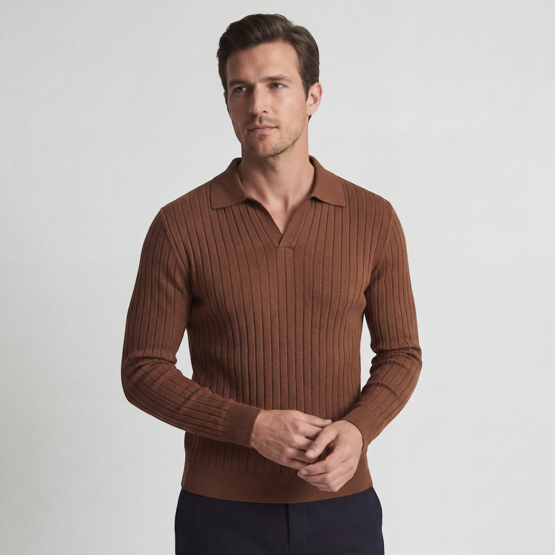 Herren Polo aus Viskose-Strick – langärmlig, lässige Passform